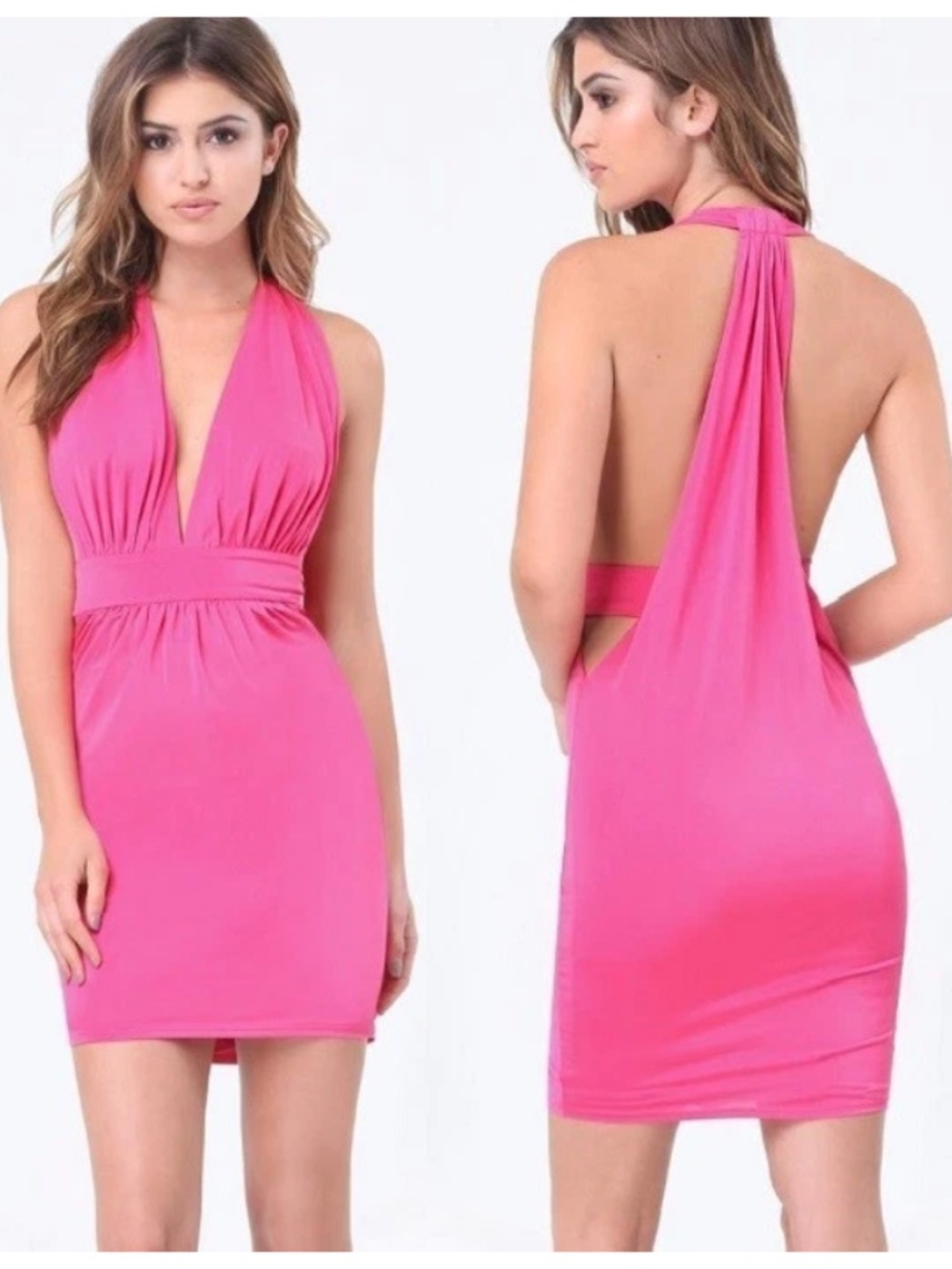 $130 New Rose Pink Deep V Neck halter Stretchy bodycon top dress S Small
